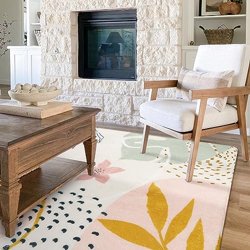 Lahome Pink Washable Rugs 8x10 - Non-Slip Backing Large Living Room Carpet Low Pile Throw Boho Area Rugs for Bedroom, Botanical Print Ultra-Thin Indoor Rug for Classroom Nursery Dining Room Home