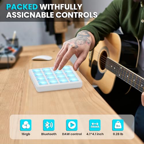 Image of M-VAVE Wireless MIDI Controller Pads, 4.1 * 4.1 Inch, 0.28 LBS, Bluetooth Portable USB with 16 Drum, Note Repeat, Full Level Buttons, Rechargeable battery (White Pocket)