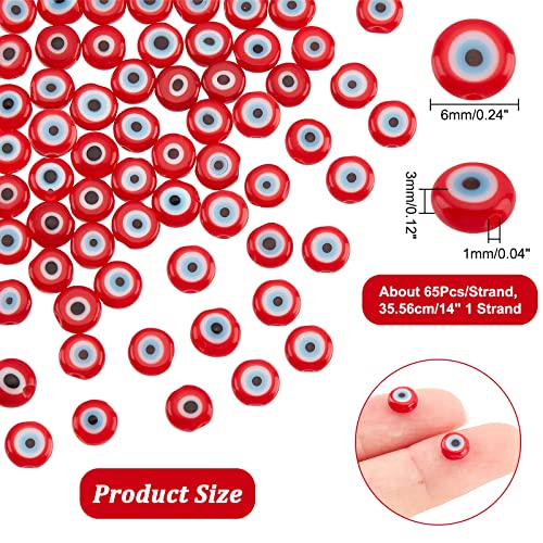 NBEADS 65 Pcs Glass Evil Eye Beads - 6mm Red Handmade Lampwork Flat Round Charms Turkish Spacer for Jewelry Necklace Bracelet Earrings - Image 4