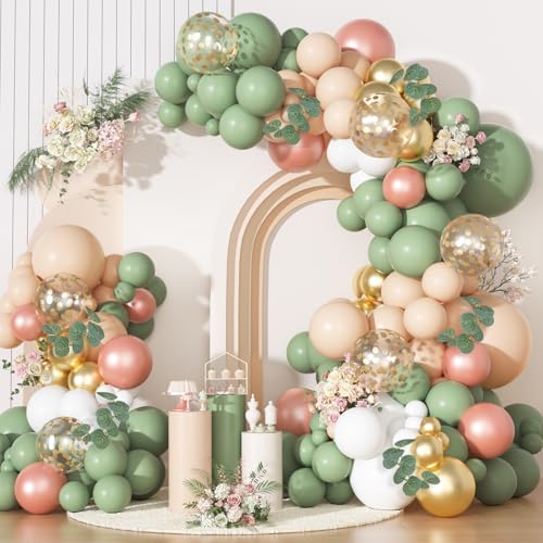 Image of 166Pcs Sage Olive Green Blush Peach Balloon Garland Arch Kit Orange White Green Gold Balloons Eucalyptus for Tropical Wedding Jungle Safari Greenery Baby Shower Birthday Party Decorations