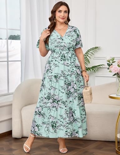 Image of ShopWonder Womens Plus Size V Neck Wrap Maxi Dress High Waist Ruffle Summer Casual Dress with Belt