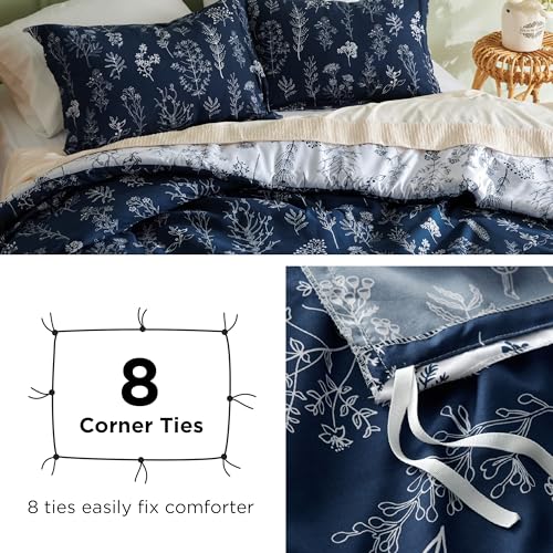 Image of Bedsure Duvet Cover King Size - Reversible Navy Blue King Duvet Cover Set with Zipper Closure, 3 Pieces Floral Patterned Bedding Set with 8 Corner Ties and 2 Pillow Shams