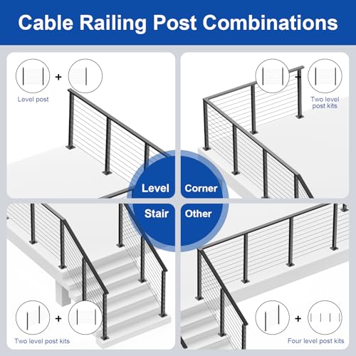 Image of BLIKA 42 inch Cable Railing Corner Post(Post 41 inchx2 inchx2 inch), 2-Side Drilled Corner Post, Stainless Steel Adjustable Top Corner Post, Top Mount Matte Black Cable Railing System Corner Post, BL01-CP