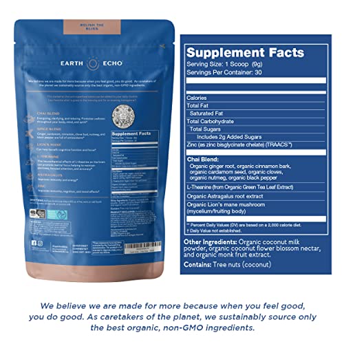 Earth Echo Chai Bliss - Vegan Masala Chai For Immunity Boost And Natural Energy Support, Chai Powder Mix With Lion's Mane Mushroom And Green Tea L-Theanine - 30 Servings - Coffee Substitute, No Gluten #TOP1