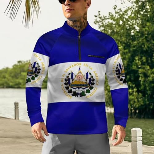 Flag of El Salvador Men's Rash Guard Long Sleeves Quick Dry Fishing Workout Shirts with Zipper2
