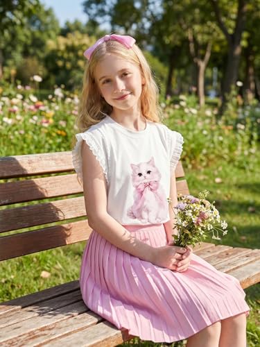 Image of Girls Ruffle Sleeves Shirt Cat Graphic Tee Cute Summer Short Sleeve Top for Teens 6-16Y