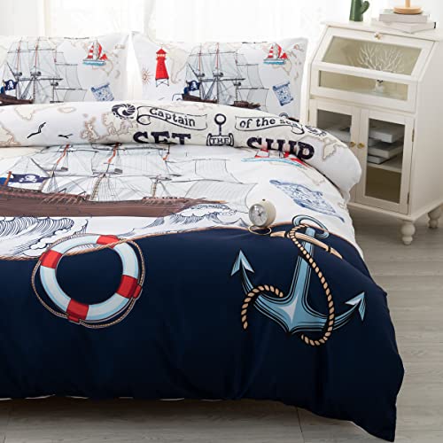 CVHOUSE Nautical Bedding Set Twin Size,Nautical Sailboat Bed for Boys Teens,Ocean Themed Sailing Anchor Comforter Cover Soft,Anchor Duvet Quilt Twin 71'x87' - Image 5