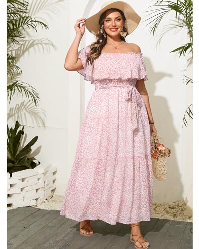 Image of Plus Size Chiffon Off The Shoulder Maxi Long Floral Summer Casual Beach Boho Sundress Women 2024