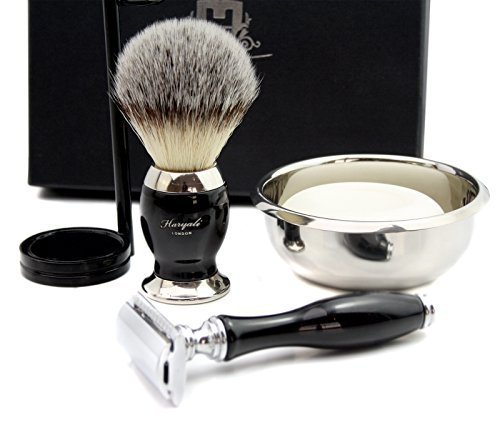 Set di rasatura completo con rasoio classico Old School con setole sintetiche + doppio supporto per entrambi e ciotola + sapone. Grande aggiunta a qualsiasi collezione – Ottimo come regalo
