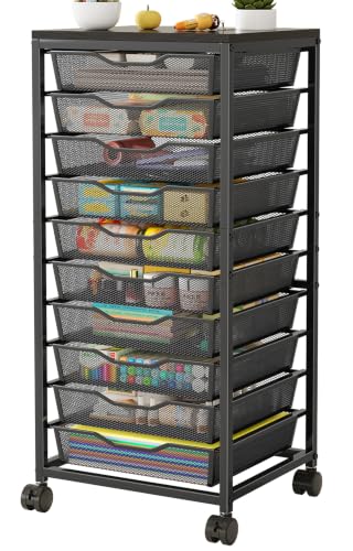 Image of 10-Drawer Rolling Storage Cart, Craft Organizers and Storage, Black | 12x12 Inch Storage Drawers for Scrapbook Paper,Classroom,Craft,Bathroom,Teacher,Office,Art,Metal Organizer Cart with wheels