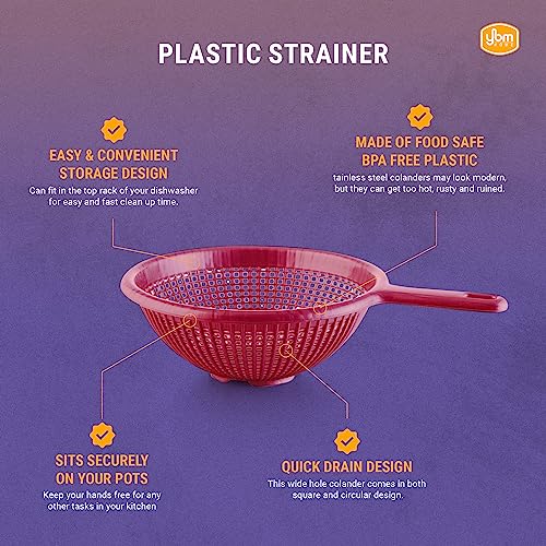 YBM Home 8.5 Inch Plastic Strainer Colander with Long Handle – Made of Food Safe BPA-Free Plastic - Use for Pasta, Noodles, Spaghetti, Vegetables and More 31-1129-red-3 (3, Red)