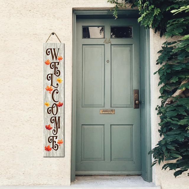 Fall Welcome Porch Sign Fall Wooden Signs For Front Porch Maple Leaf Pumpkin Indoor Outdoor Seasonal Hanging Front Door Thanksgiving Holiday Party Farmhouse Wall Decoration (48inx8in)