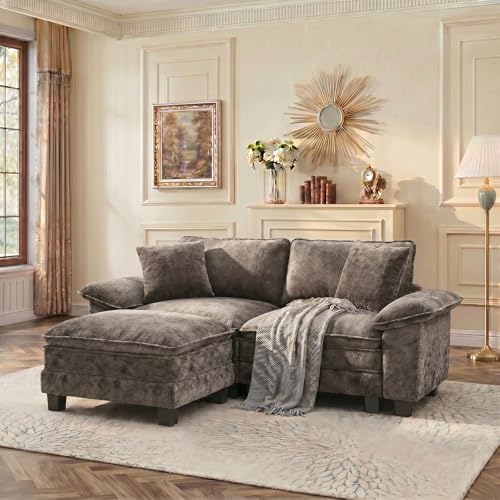 Image of PHI VILLA 87.5 inch Oversized Sectional Loveseat Sofa with 1 Movable Ottoman | Chenille Smoky Grey, Wider Armrest, Comfy Deep Seat, Wood Frame, Modern Cloud Modular Couch for Living Room and Apartment