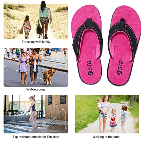 Stq Women's Flip Flops Soft Memory-Foam Shock Absorption Non Skid Thong Sandals For Walking Black Rose 6 #TOP1