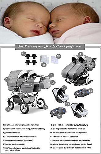 Zwillingskinderwagen Geschwisterwagen DUET LUX Komplettset 4 in 1 in 17 Farben