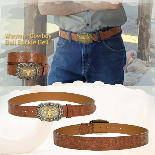 Western Cowboy-Belts for Women Big-Buckle Longhorn-Bull PU-Leather Rodeo Cowgirl-Belt Engraved Floral - Waist 25-38"4