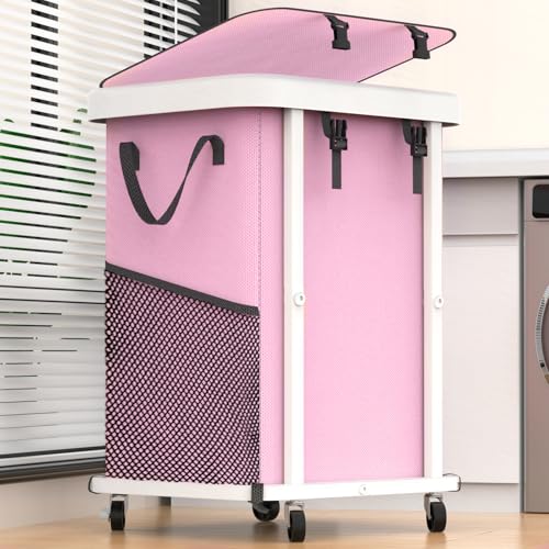Image of 150L (40 Gal) Large Fashion Laundry Basket with Wheels, Leather Patchwork Rolling Hamper Carts, Sturdy Metal Frame, Removable Washable Bag, Tall Clothes Sorter for Bedroom, Laundry Room - Pink