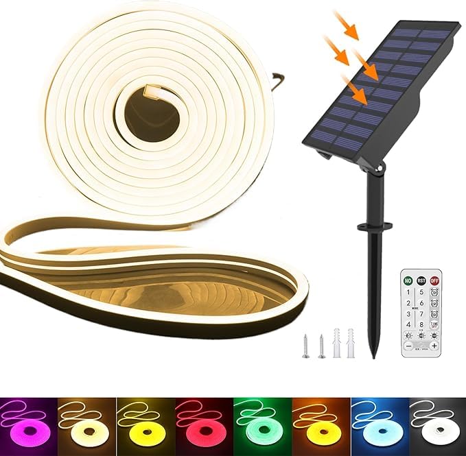 KISUFU Solar Energy Neon LED Ribbon, 24V Neon LED Strip Light IP65 Waterproof Silicone with 1.5w Solar Rechargeable Wall Mount USB Controller for Garden, Outdoor Yard Party Decoration