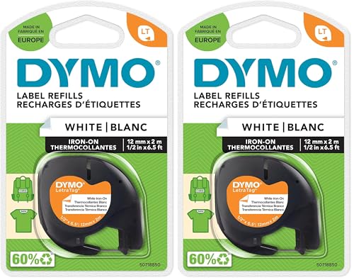DYMO LetraTag Iron-On Fabric Labels | Authentic | 12 mm x 2 m Roll | Black Print on White | Iron-On Clothing Labels for LetraTag Printers (Pack of 2)