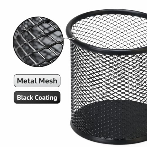 Image of Black Round Mesh Pen Stand - Pencil & Pen Holder for Desk | Multipurpose Stationary Organizer Cup for Office, Home & Study Table | Makeup Brush Holder