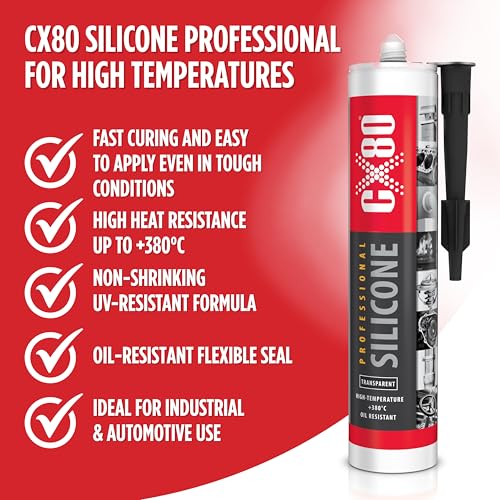 CX80 | Hochtemperatur Silikon transparent | Dauerelastische Versiegelung von -65°C bis +380° | Für Bauwesen, KFZ und Industrie| Beständig gegen Öle, Benzin und Fette | 2 x 310ml Kartusche