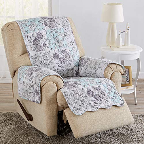 Image of Great Bay Home Reversible Floral Patchwork Recliner Furniture Protector - Machine Washable, Scalloped Edge, Stain Resistant, Printed Furniture Cover for Dogs, Kids, and Pets (Gray /Aqua)