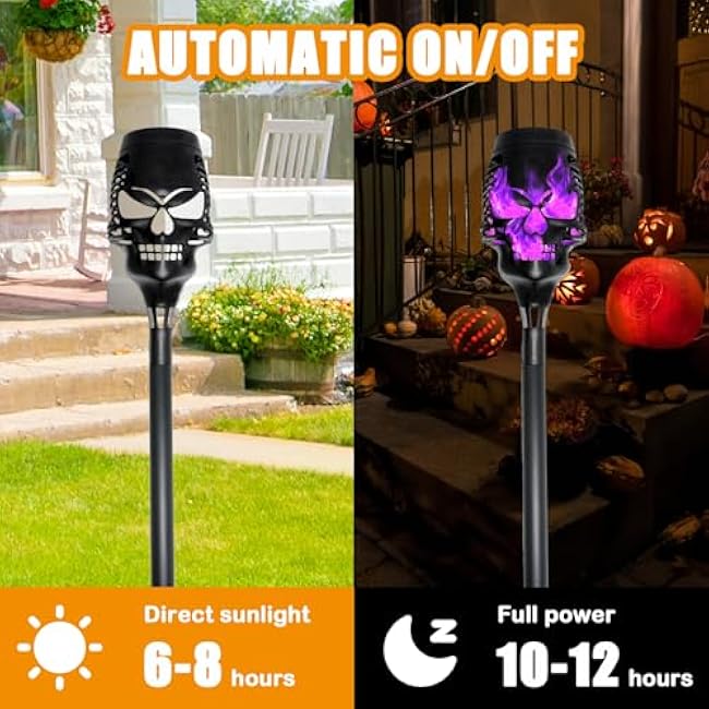 2025 Halloween Solar Lights Outdoor Pathway Lights, 4 Pc LED Waterproof Skull Stake Lights for Yard Garden Path Walkway Driveway Patio Lawn Halloween D¨¦cor (Purple)