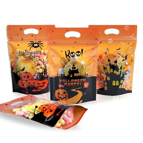 Halloween Ziplock Treat Bags 50 Pcs Goodie Plastic Bags with Zipper & HandlesResealable Candy Bag for Trick or Treat Party Favors Classroom Halloween Supplies