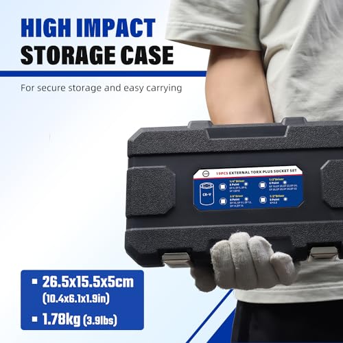 Image of AKM 19PCS External Torx Plus Socket Set,6 Point EP Socket EP4-32 with 1 /2'' 3 /8'' 1 /4'' Dr. EP8.8 compatible with Tesla, E-Torx Star Torque Sockets Set, Cr-v steel with High Impact Storage Case