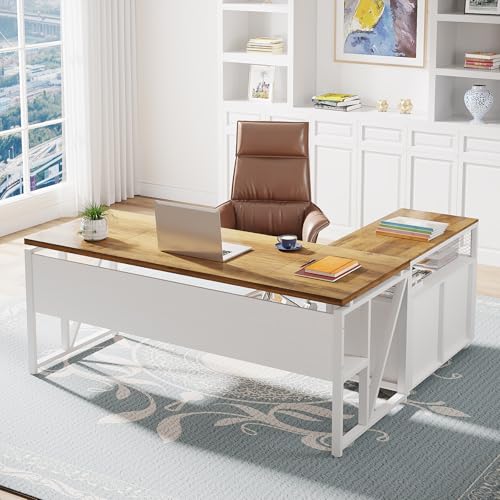 Tribesigns L Shaped Desk with Drawer,63' Executive Computer Desk and lateral File Cabinet, 2 Piece Home Office Furniture for Hanging File, Cabinet with Doors (Walnut, 63-inches)