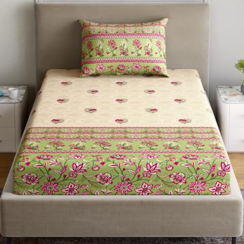 Image of Home Ecstasy 100% Cotton Single Bedsheet with 1 Pillow Cover - (Size 59 x 87 inches, TC, Colour - Green)