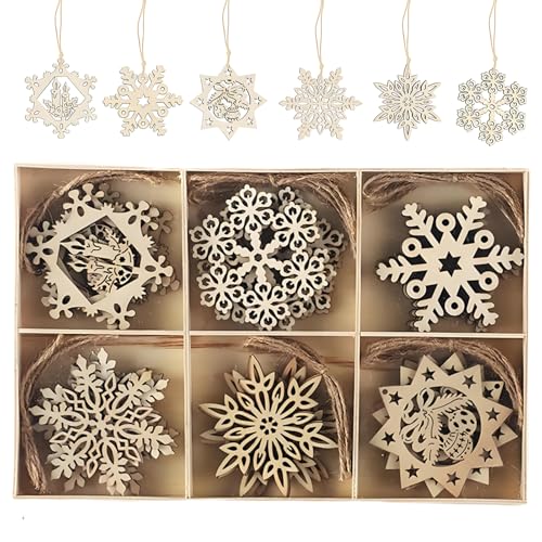 30PCS Decoration de Noel,Decoration Noel Sapin en Bois DIY Robustes Durables,Décoration de Noël en Bois,Flocons de Neige enBois,Peut Être Peint des Deux...