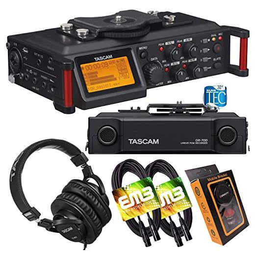 Tascam DR-70D 4-Track Portable Audio Recorder for DSLR Camera with Pro Headphone and Pair of EMB XLR Cables and Gravity Magnet Phone Holder Bundle