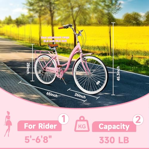 Bicicleta playera para mujeres de 26 pulgadas, 7 velocidades, frenos V, neumáticos antideslizantes y portaequipaje, asiento ajustable, marco ligero, conducción cómoda y suave, color rosa miniatura 6
