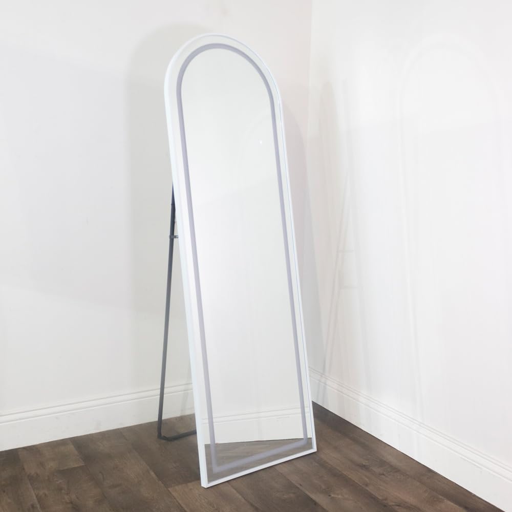 DOWNTON INTERIORSModern Tall Metal Frame LED Mirror Wall & Floor Standing - 145 x 45cm (White Arched)