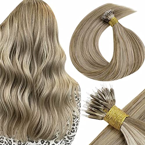 LaaVoo Blonde Nano Hair Extensions Human Hair 14" Nano Tip Human Hair Extensions Ash Brown Highlighted with Medium Blonde Pre Bonded Remy Human Hair Nano Bead Hair Extensions 1g/s 50g