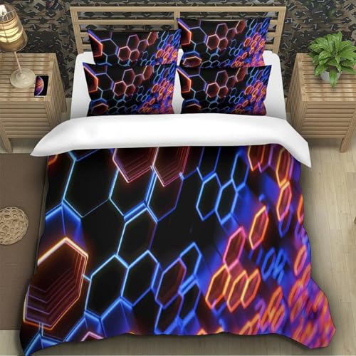 Housse de couette 140x200cm infroissable motif hexagonal néon 3D fermeture éclair - 5