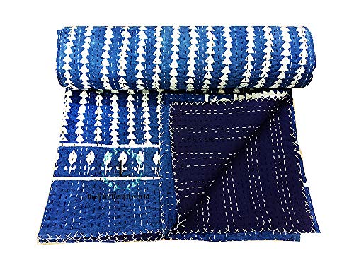 thehandicraftworld Blue Indigo Queen Size Kantha Quilt Vintage Handmade Indigo Print Kantha Bedspread (Blue 1)