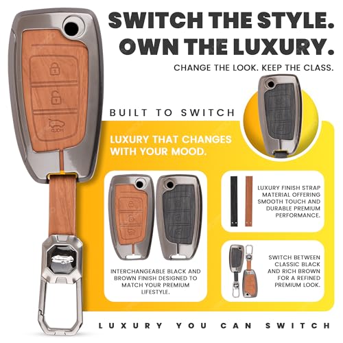 Image of Car Key Cover Compatible with Hyundai Verna 2024 2023 | i20 N line N6 Car 3-Button Smart Flip Key (Dual Leather Metal (Black & Brown))