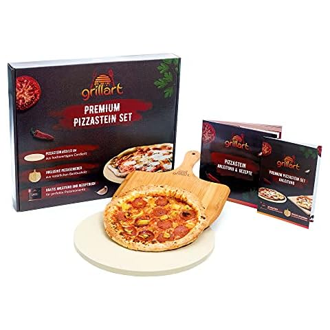 grillart® Premium pizza stone for gas grill and oven in a set - high-quality round pizza stone including pizza peel and recipe book - also ideal as a bread baking stone Cover