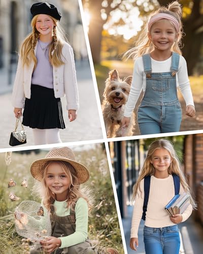 Image of 4 Pack Girls Long Sleeve Shirts Ribbed Knit Cotton Crewneck Tops Slim Fit Soft Casual Kids Base Layer Undershirts