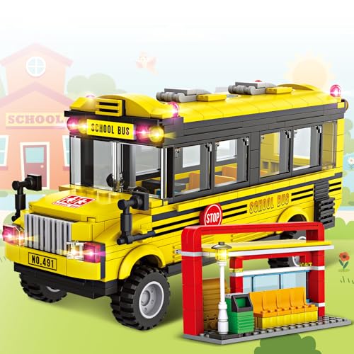 School Bus Building Blocks Set for Kids 6+ 488PCS Creative Vehicle Toy with Movable Wheels Compatible with Lego City Bus Construction Toy for Boys Girls Collector Educational STEM Gift