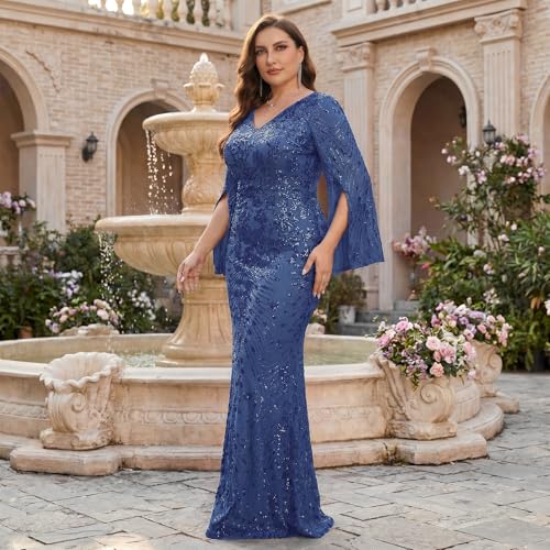 Image of Plus Size Formal Dresses for Women with Embroidery Sequin and Cape Sleeve, V-Neck Maxi Dress for Wedding and Party
