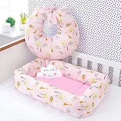 Ninho Redutor de Berço Quadrado com Almofada Nuvem, 70 x 45 cm, Algodão + Almofada para Amamentação, 58 x 55 cm (Safari Rosa)