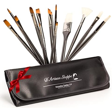 Professional Paint Brushes Art Supplies. Artist Paint Brushes for Oil, Acrylic Painting on Canvas, Watercolor, Gouache. 15pc Travel Bag Brush Holder Paint Brush Set with Large, Angled, Small Brushes Cover