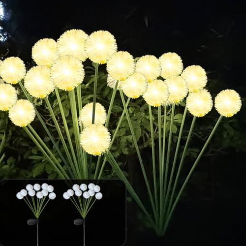 Beafaeur Lampe Solaire Exterieur Jardin, 2 Pièces Lampe Exterieur Solaire en Forme de Pissenlit, 20 LED, 8 Modes, Blanc Chaud, IP65 Étanches, pour Jardin,...