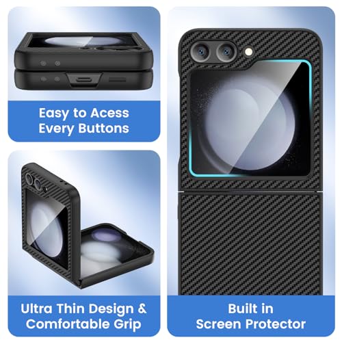 Image of Ruky for Z Flip 5 Case, Full Body Cover Anti-Scratches Shockproof Hard PC Ultra-Thin, Support Wireless Charging Protective Phone Cover for Samsung Galaxy Z Flip 5, Carbon Fiber