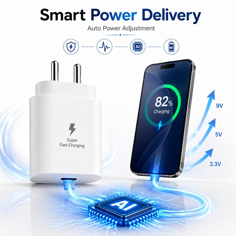 Image of 25W USB-C Fast Charging Adapter Compatible with Samsung Galaxy A54|A27|A14 |A35|A56|M14|M15|M16|M17|M17e|M47|F14|F35|F56| 25 Watt Superfast Charging Travel Adaptor for Type-C Smartphone, White