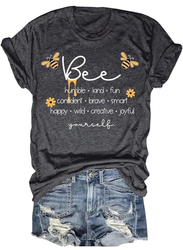 Women Cute Bee Graphic Tee Shirts Short Sleeve Inspirational Funny Letter Print Summer Loose Tee Tops