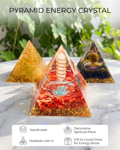 Image of Hand of Fatima - Orgone Pyramid with Healing Crystals - Energy Generator for Positive Vibe, Stress Relief & Chakra Reiki Meditation - Pyramid Decor - Spiritual Gift for Success, Wealth & Prosperity